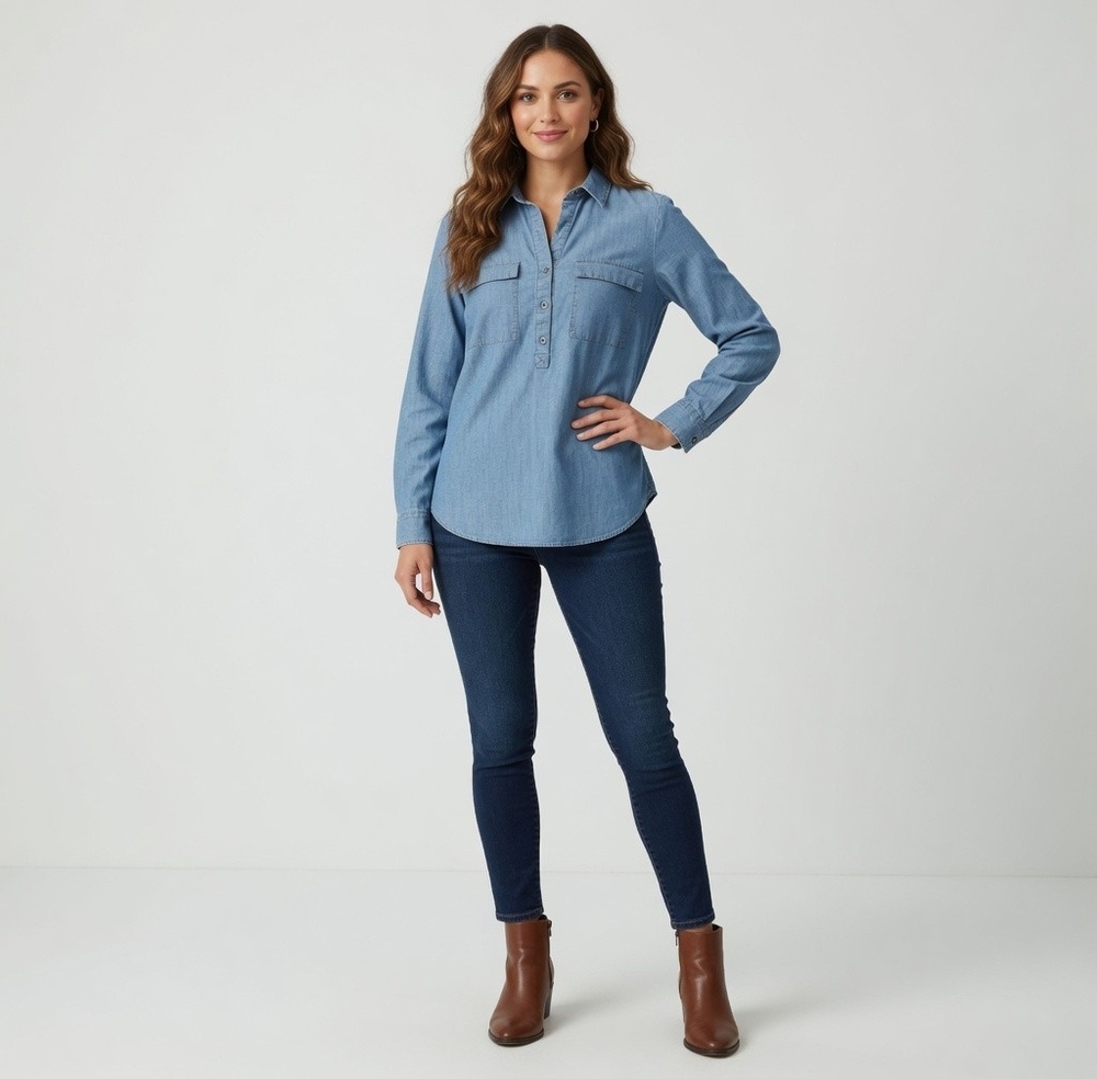 Old Navy Women's Light Blue Chambray Half Button Tunic Shirt M Long Sleeve VG